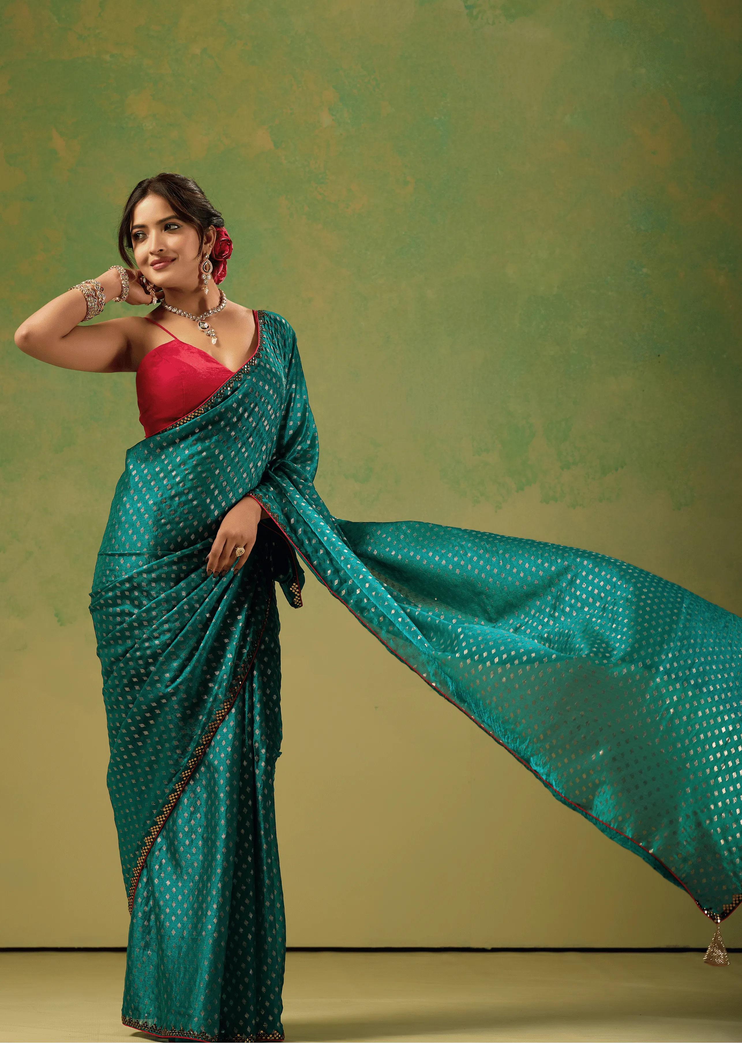 Firozi Tissue Silk Saree Draped Look - Foil Dot Weaving Design