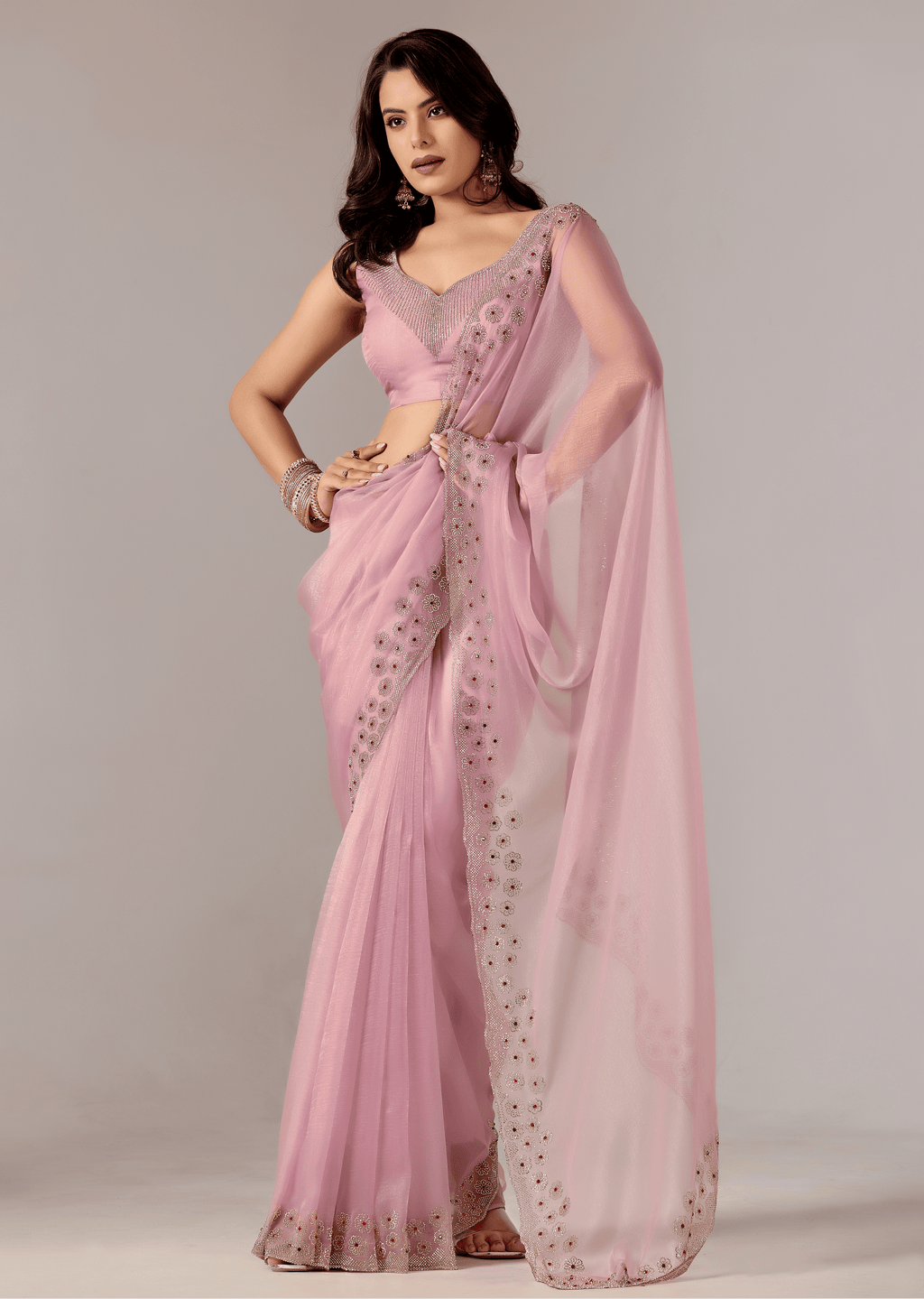Lavender Purple Tissue Saree With Stone Embroidery
