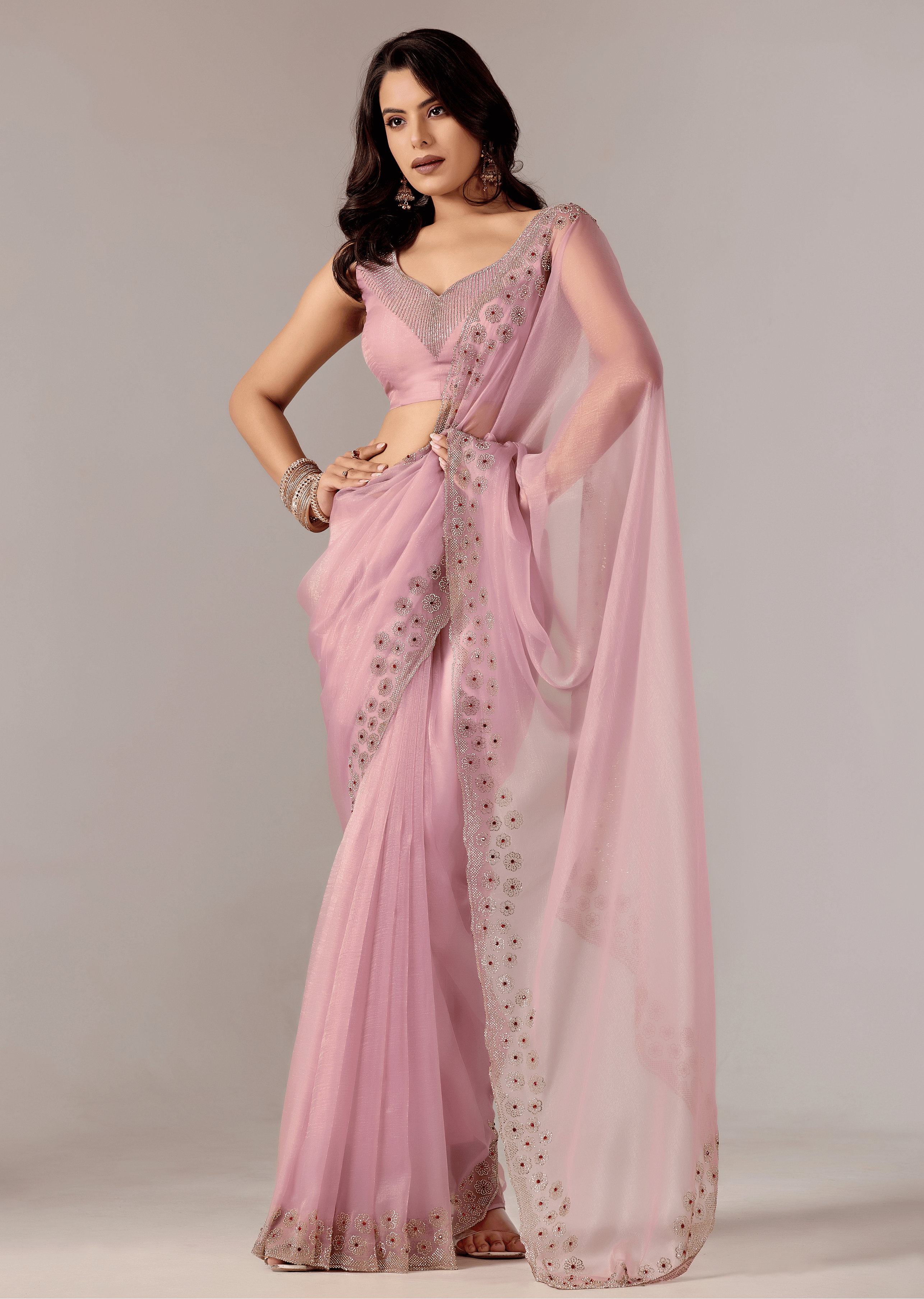 Lavender Purple Tissue Saree With Stone Embroidery