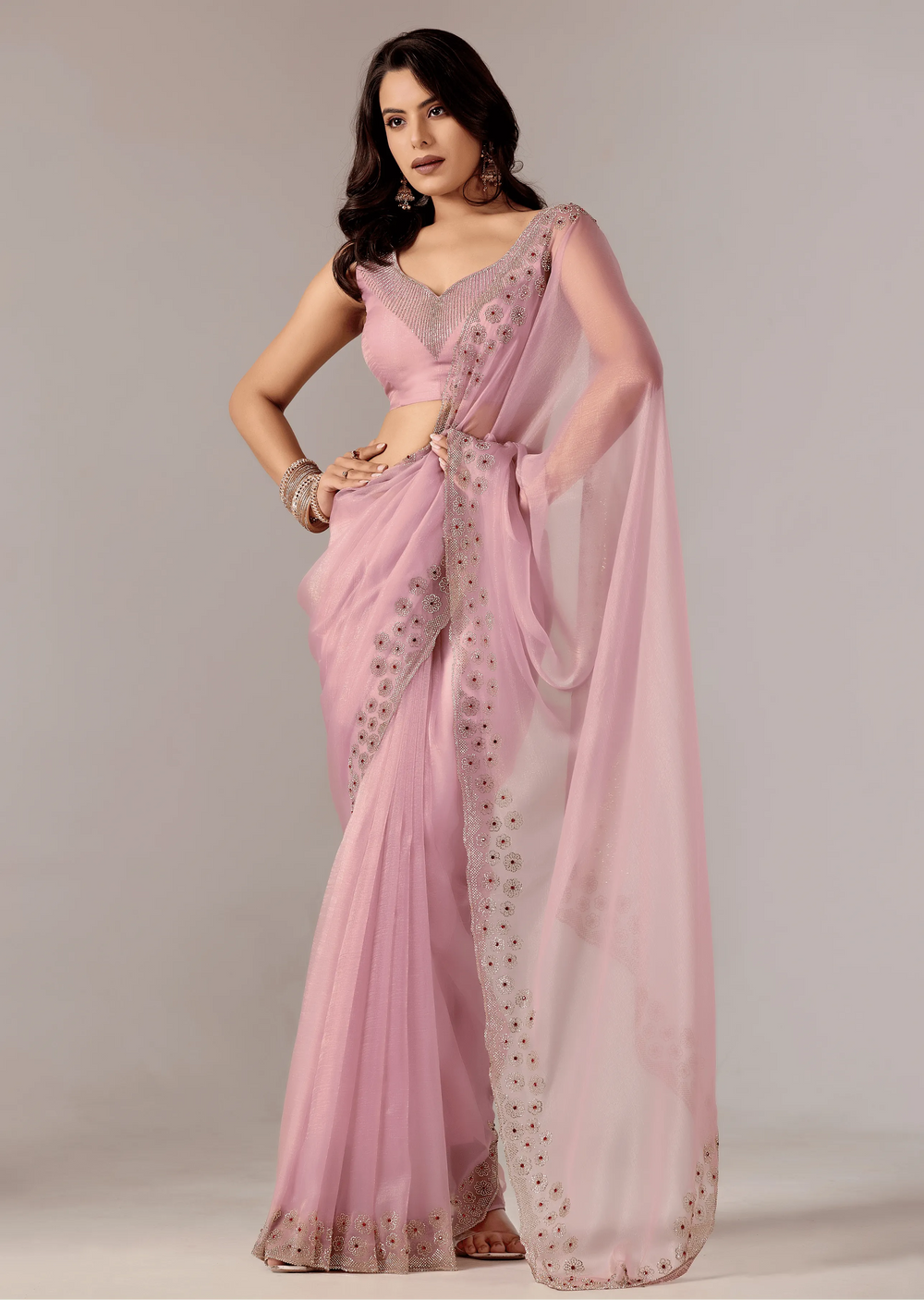 Lavender Purple Tissue Saree With Stone Embroidery - Front Look | Buy On Ethnic9
