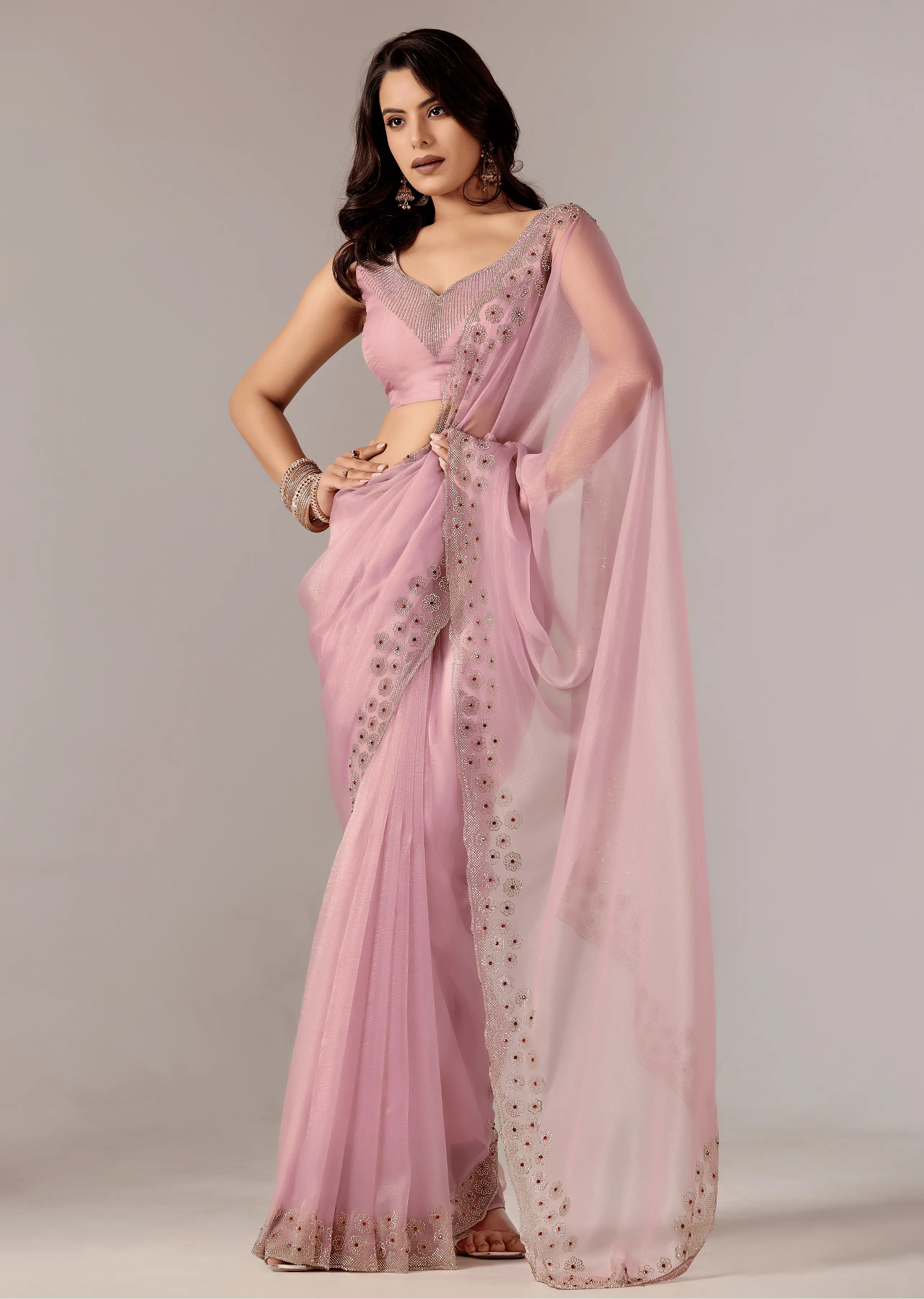 Lavender Purple Tissue Saree With Stone Embroidery - Front Look | Buy On Ethnic9
