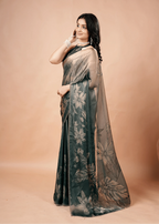 Bottle Green Organza Silk Saree With Foil Botanical Print