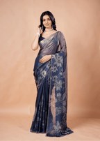Steel Blue Organza Silk Saree With Foil Floral Print
