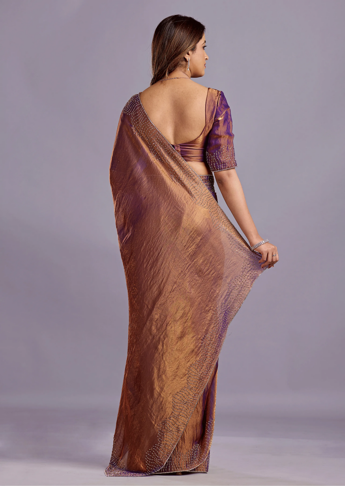 Copper Purple Tissue Silk Saree Back Pose - Stone Work Detail