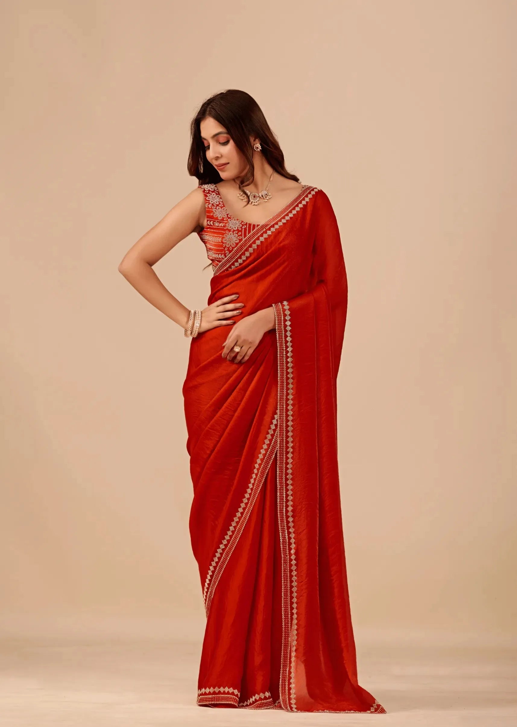 Crimson Red Tissue Silk Saree With Diamond Border Work