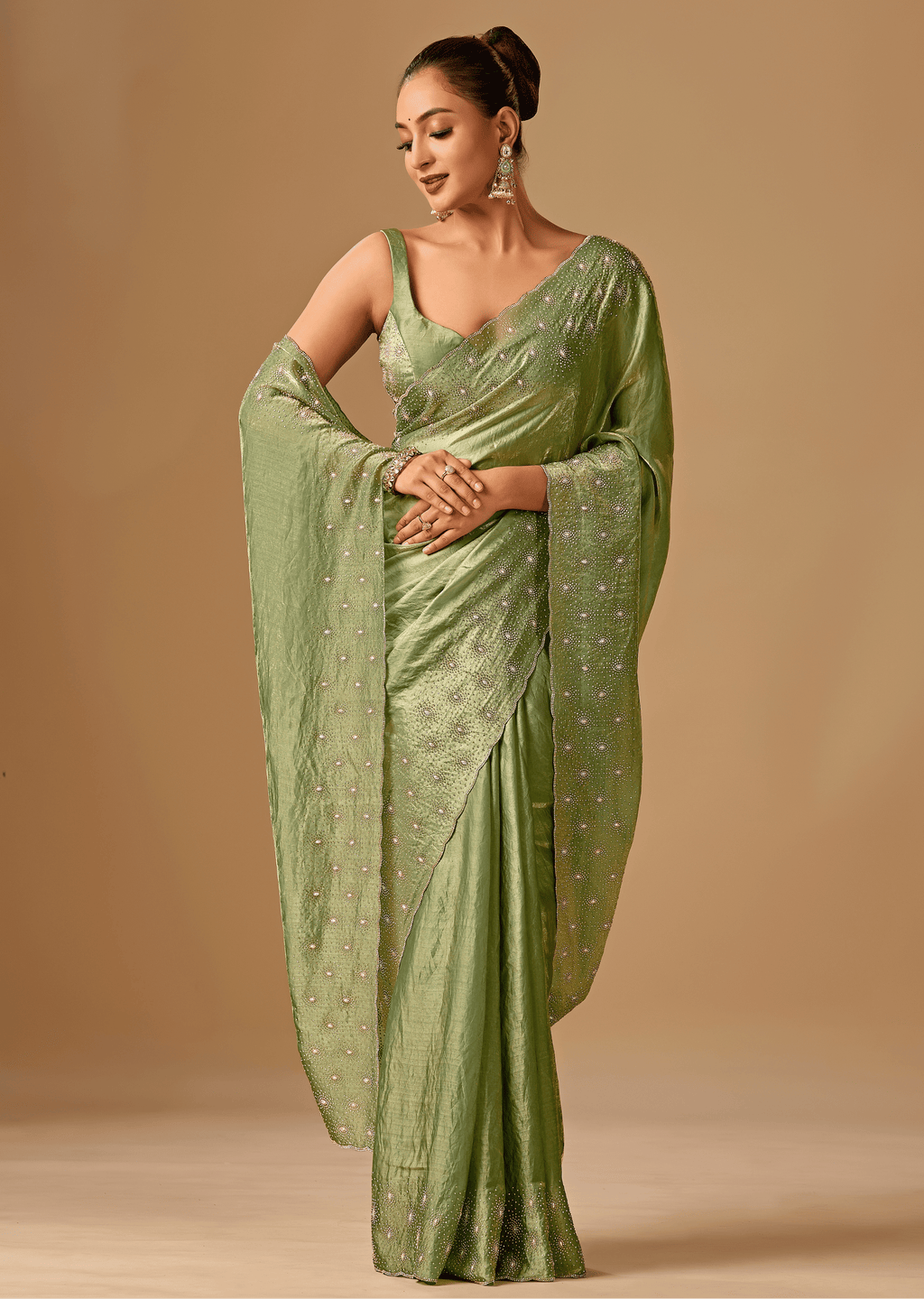Olive Green Tissue Silk Saree With Stone Embroidery