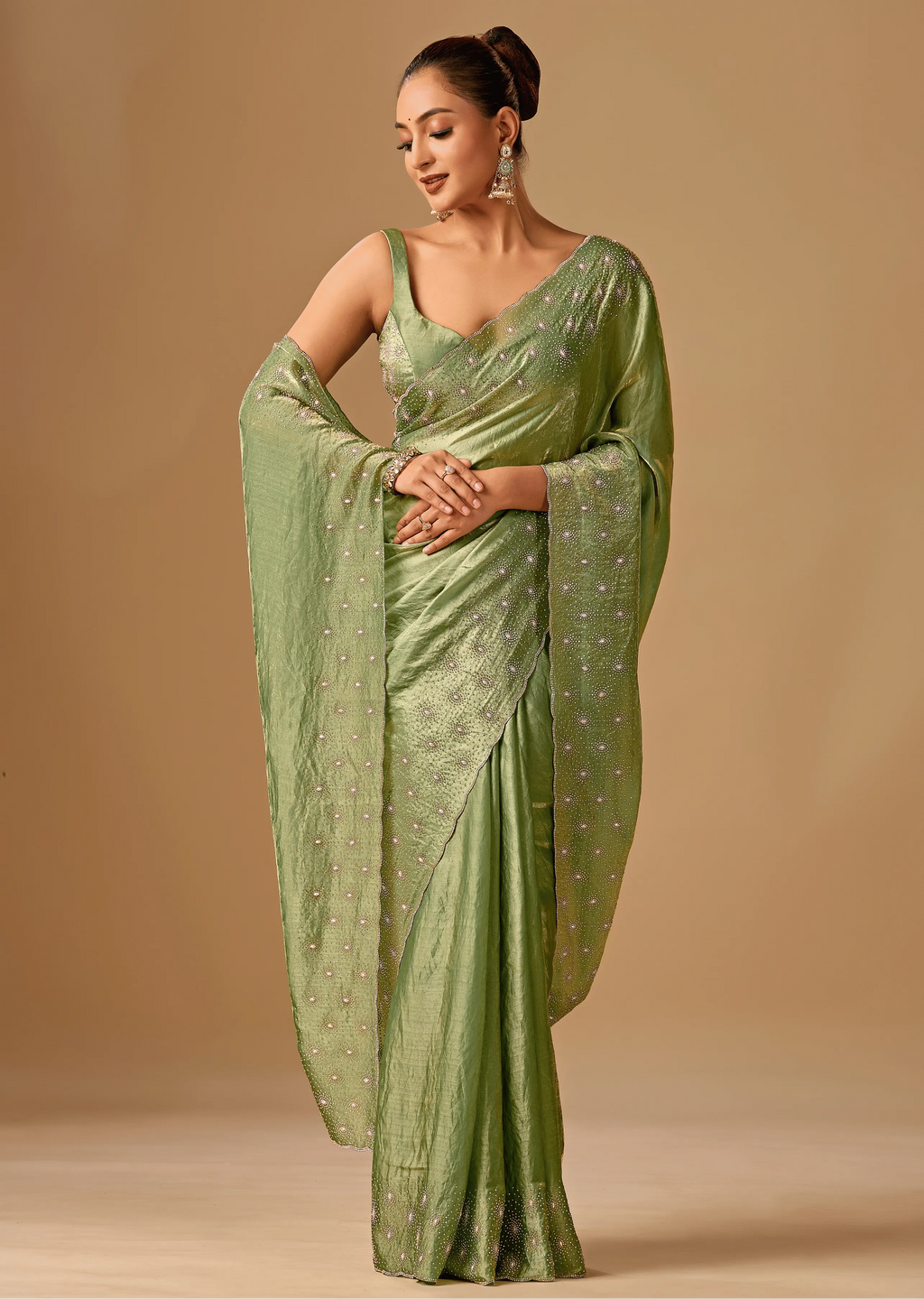 Olive Green Tissue Silk Saree Side Pose - Wedding Wear Saree