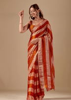 Copper Rust Tissue Silk Saree With Metallic Stripe Weave