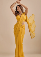 Mustard Yellow Chiffon Saree With Floral Embroidery