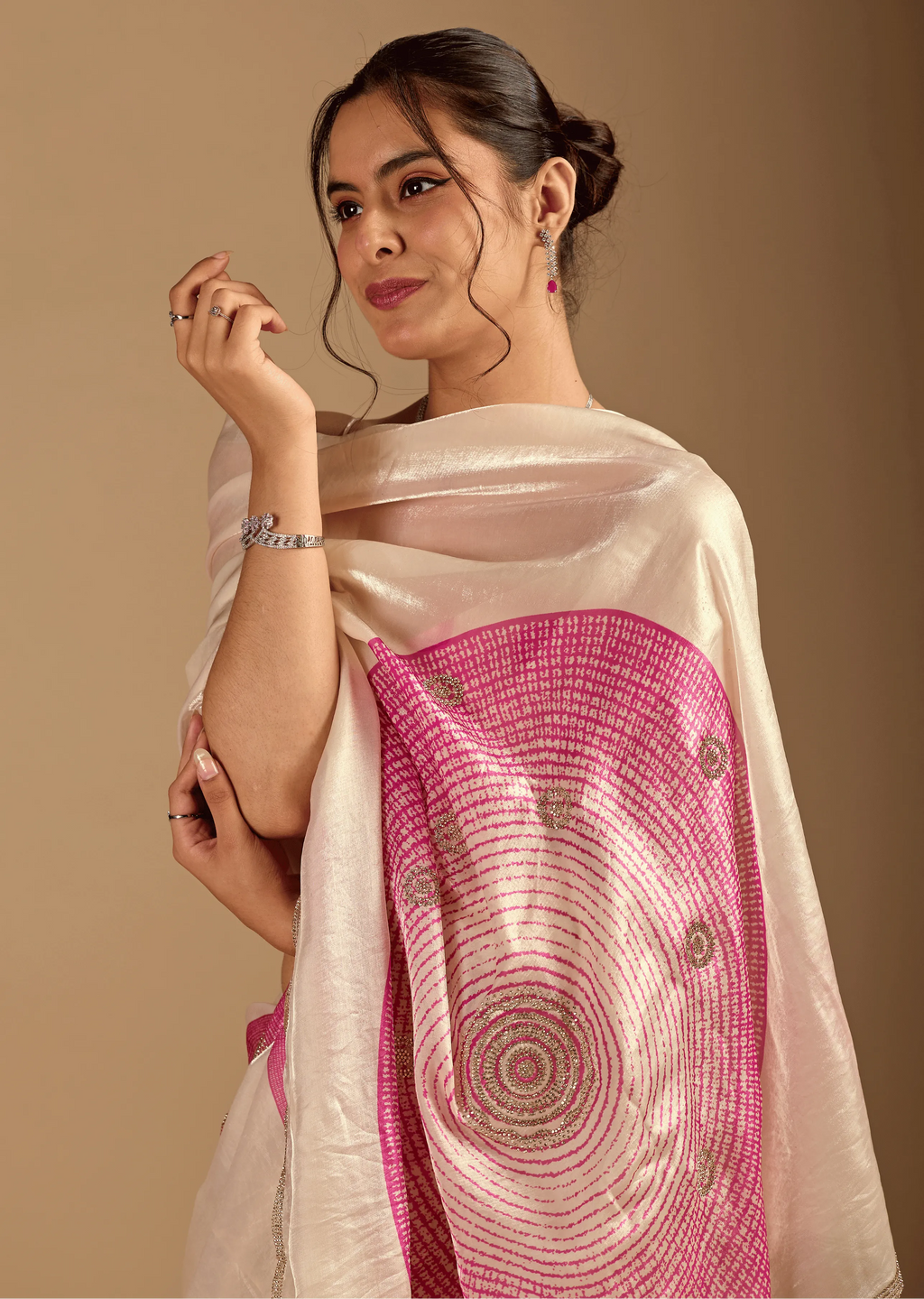 Ivory Organza Silk Saree Side Pose - Foil Print Design