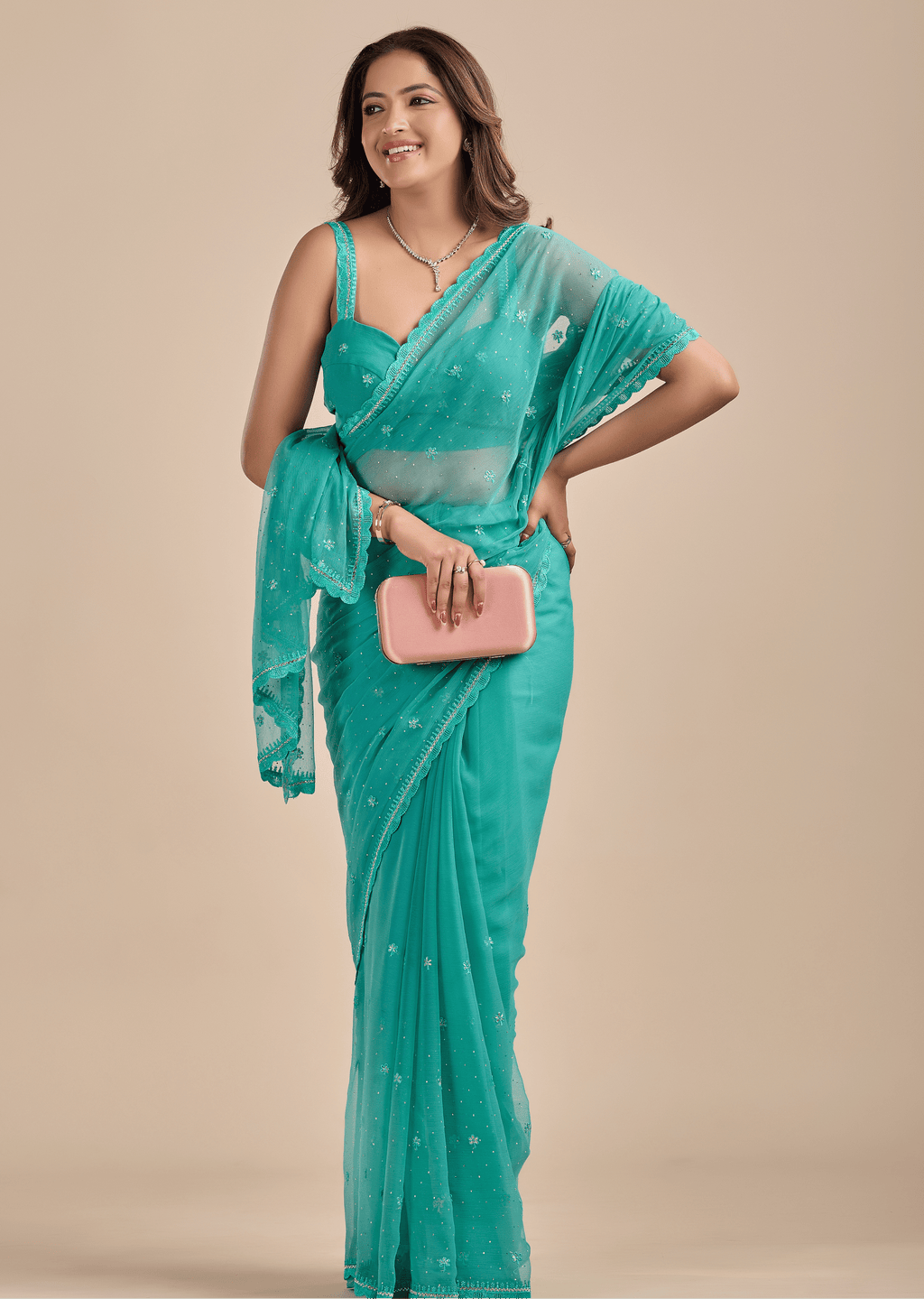 Sea Green Chiffon Saree With Floral Embroidery