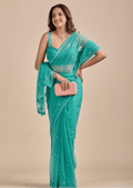 Sea Green Chiffon Saree With Floral Embroidery