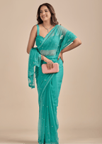 Sea Green Chiffon Saree With Floral Embroidery