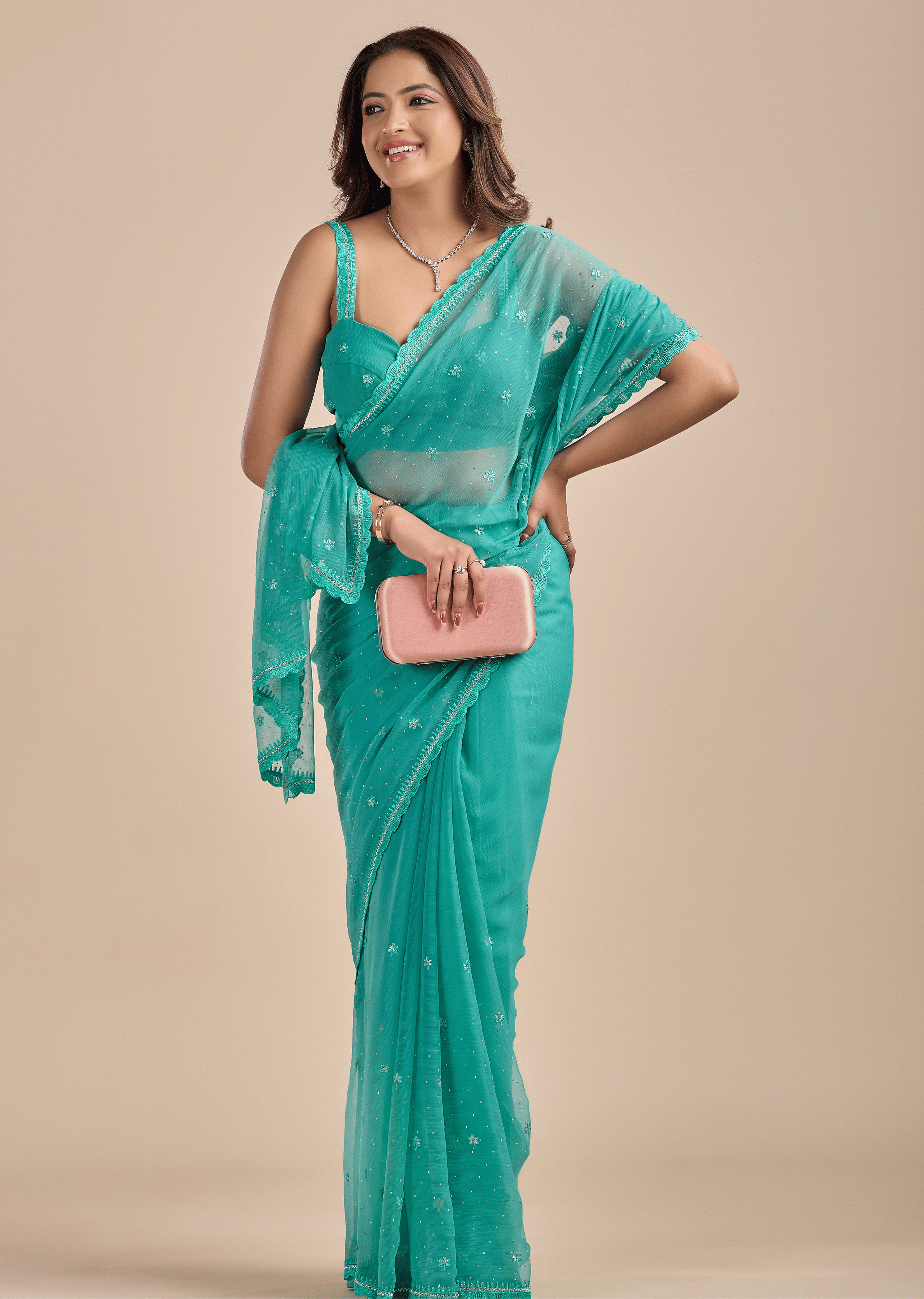 Sea Green Chiffon Saree With Floral Embroidery