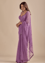 Lavender Chiffon Saree With Floral Embroidery