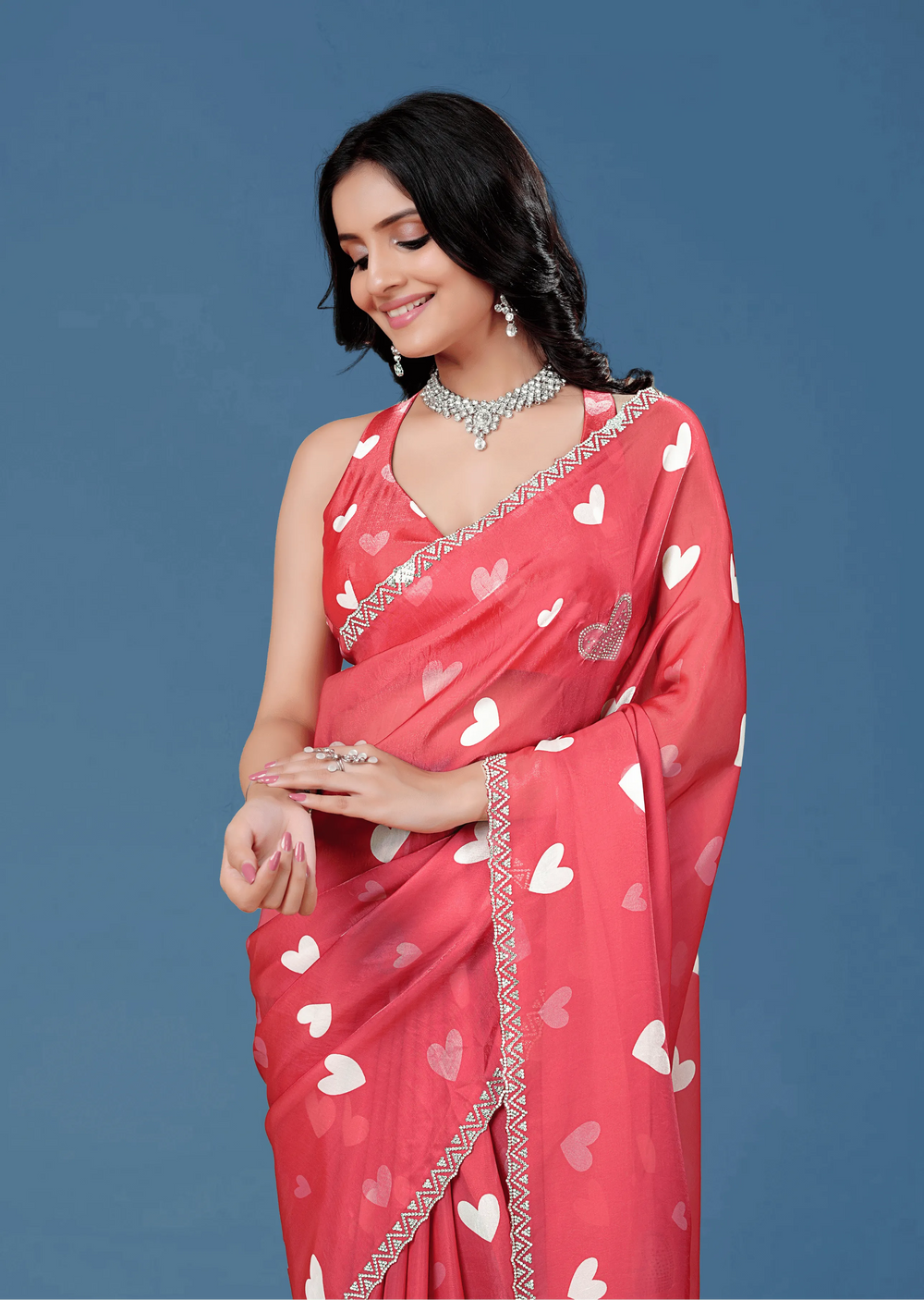  Coral Red Organza Silk Saree Standing Look - Festive Wear Saree