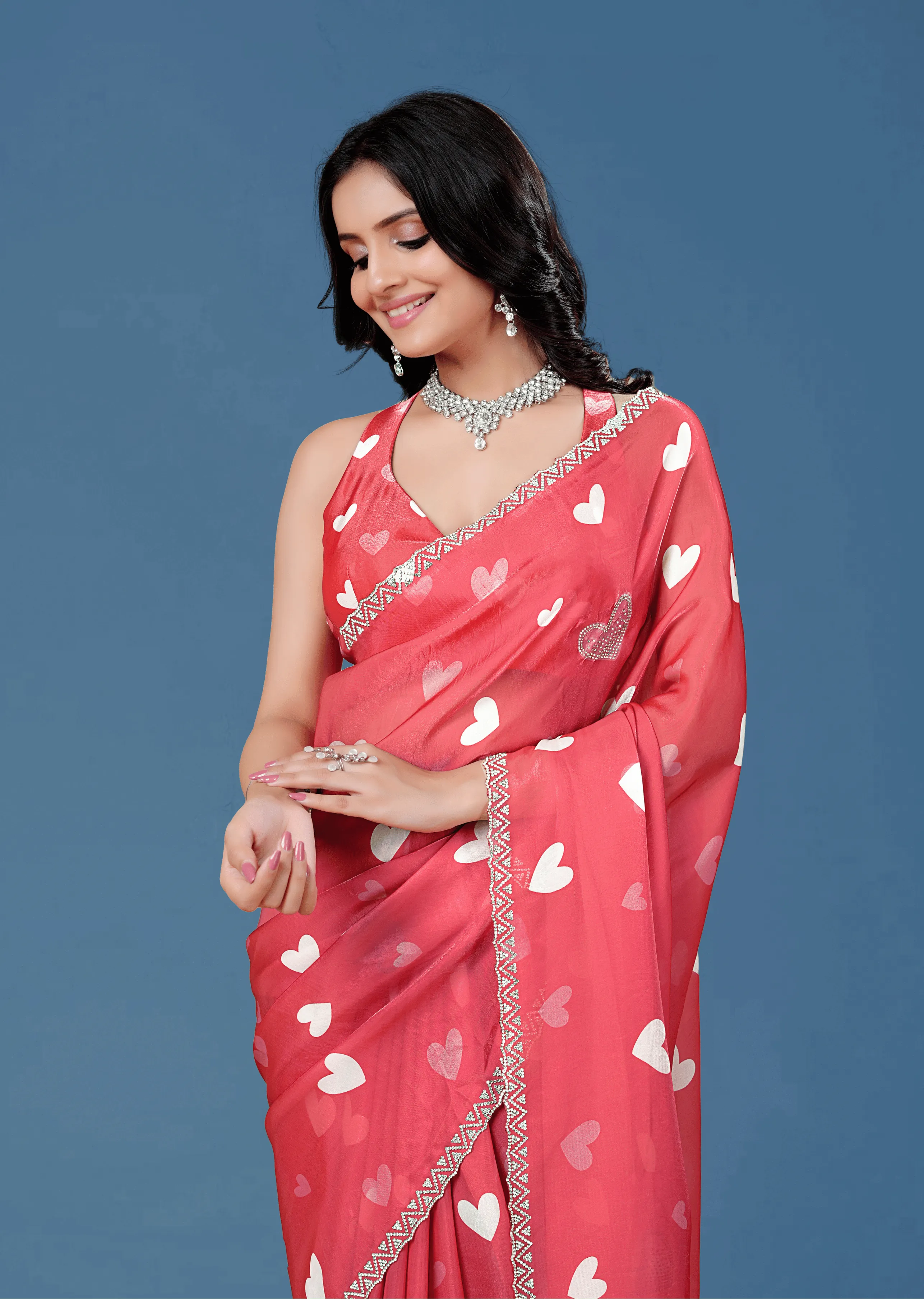  Coral Red Organza Silk Saree Standing Look - Festive Wear Saree