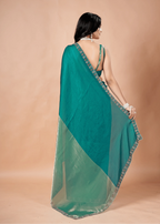  Firozi Tissue Silk Saree Back Pose - Stone Border Detail