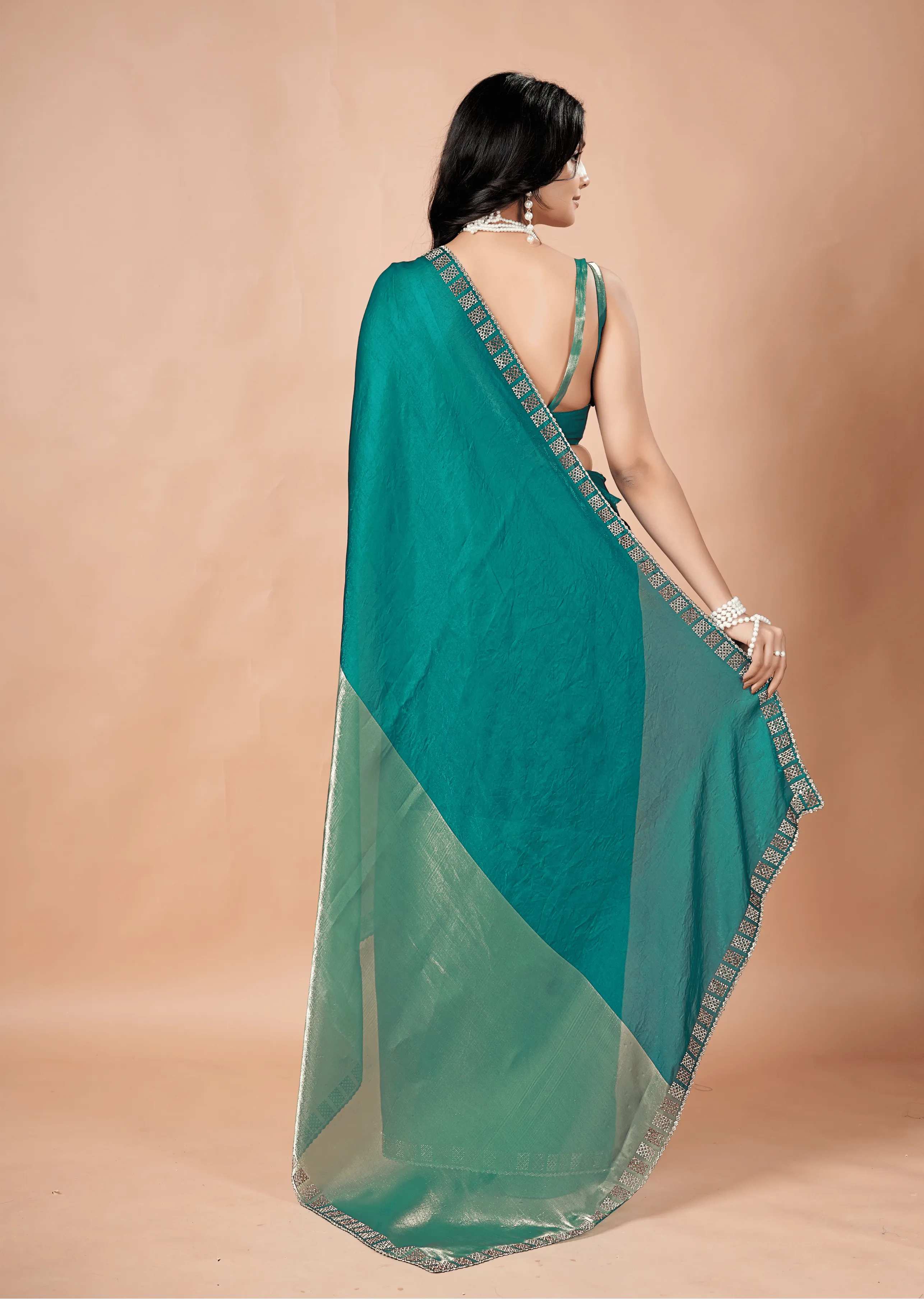  Firozi Tissue Silk Saree Back Pose - Stone Border Detail