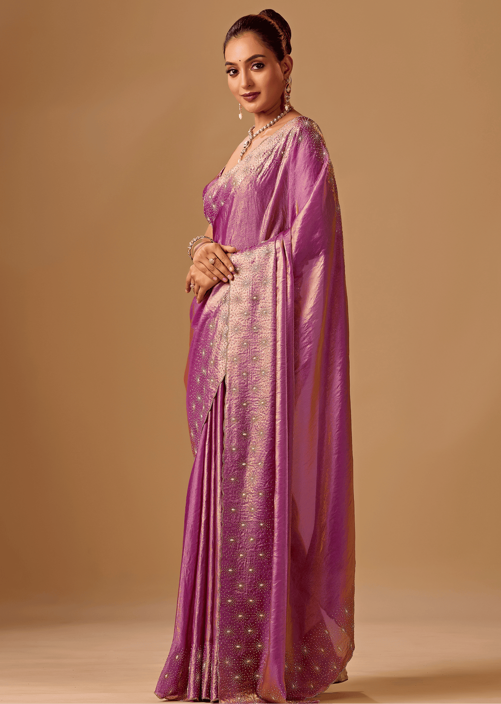 Orchid Purple Tissue Silk Saree With Stone Embroidery
