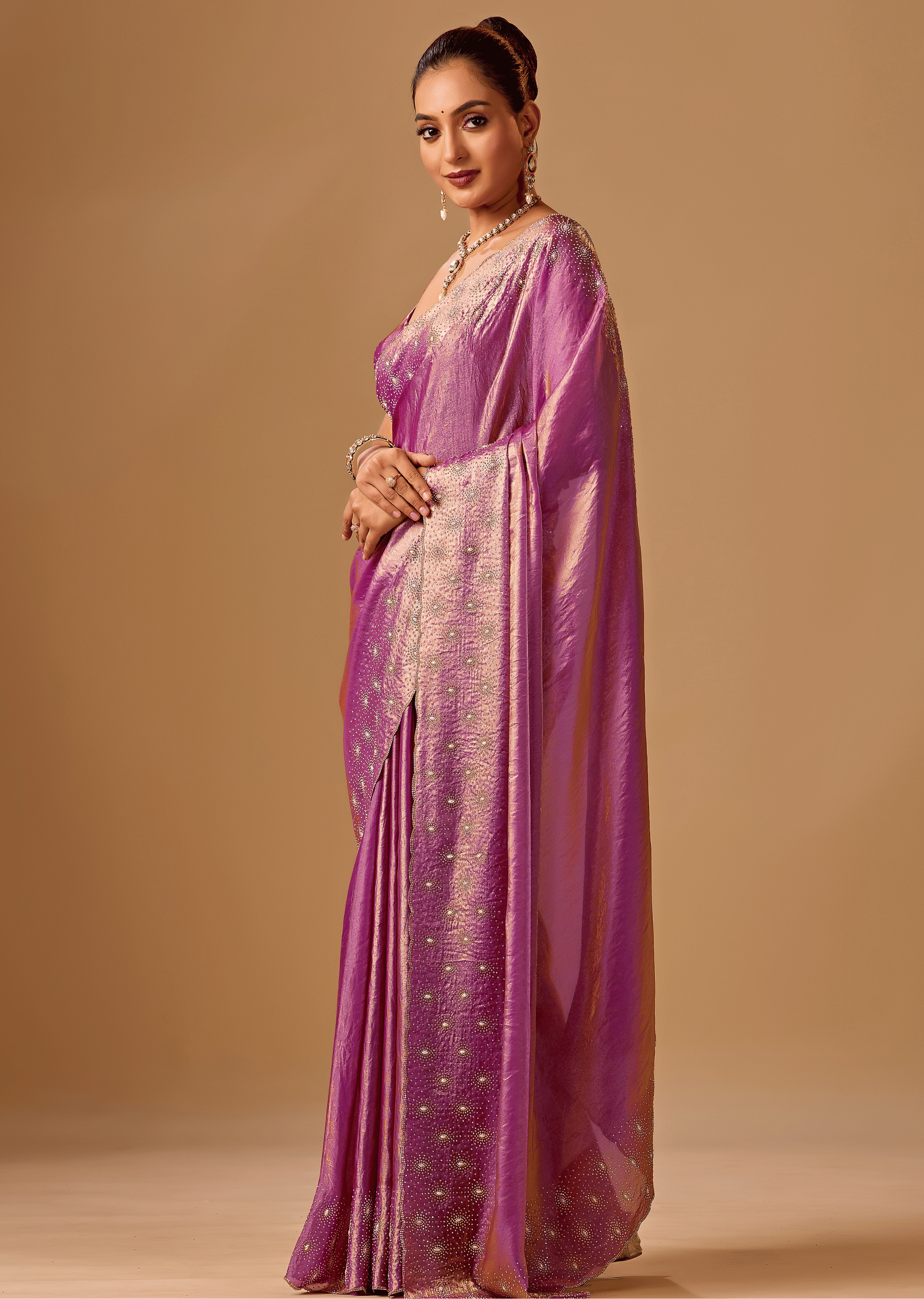 Orchid Purple Tissue Silk Saree With Stone Embroidery
