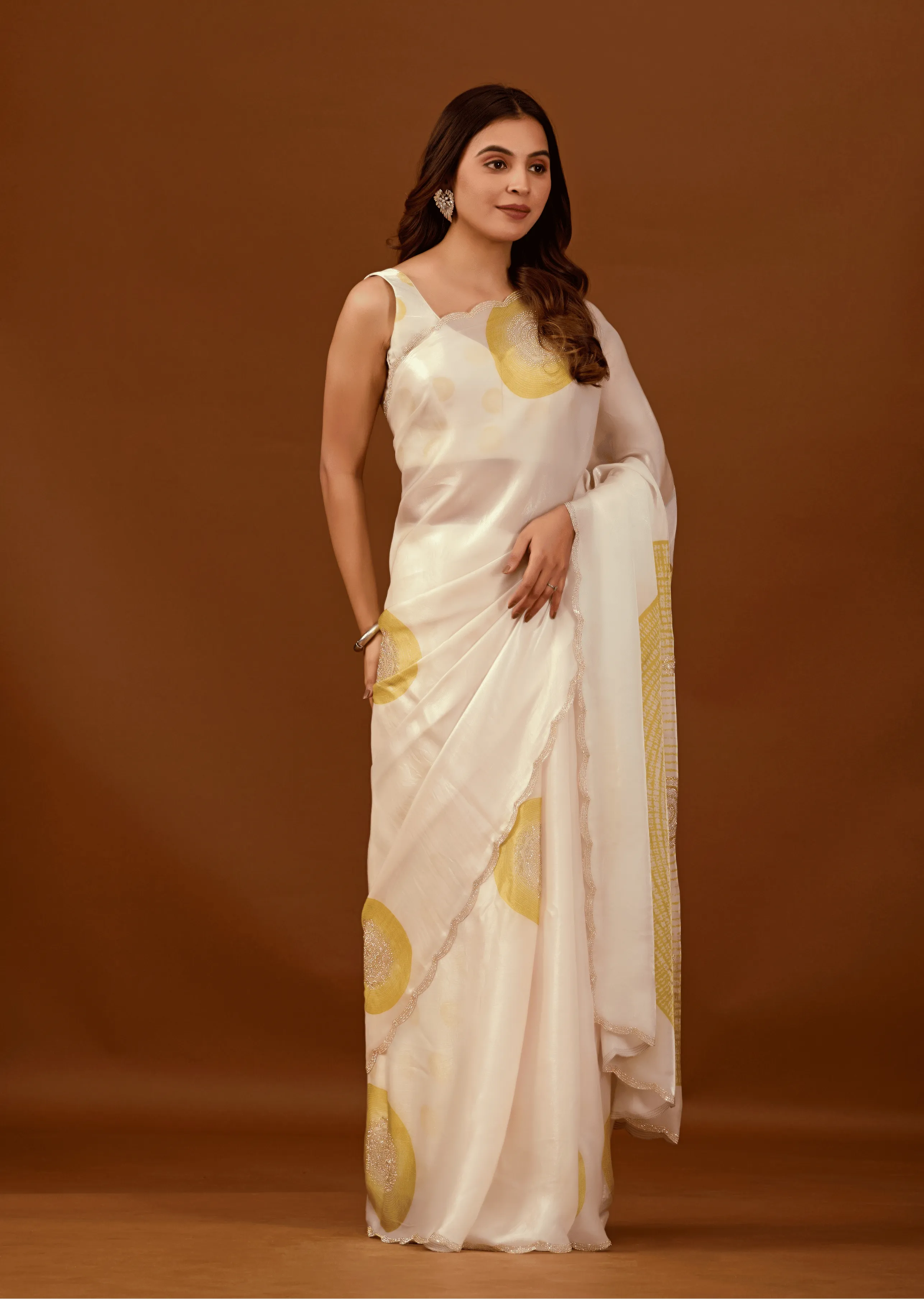 Ivory Organza Silk Saree Blouse Close Up - Stone Work Detailing
