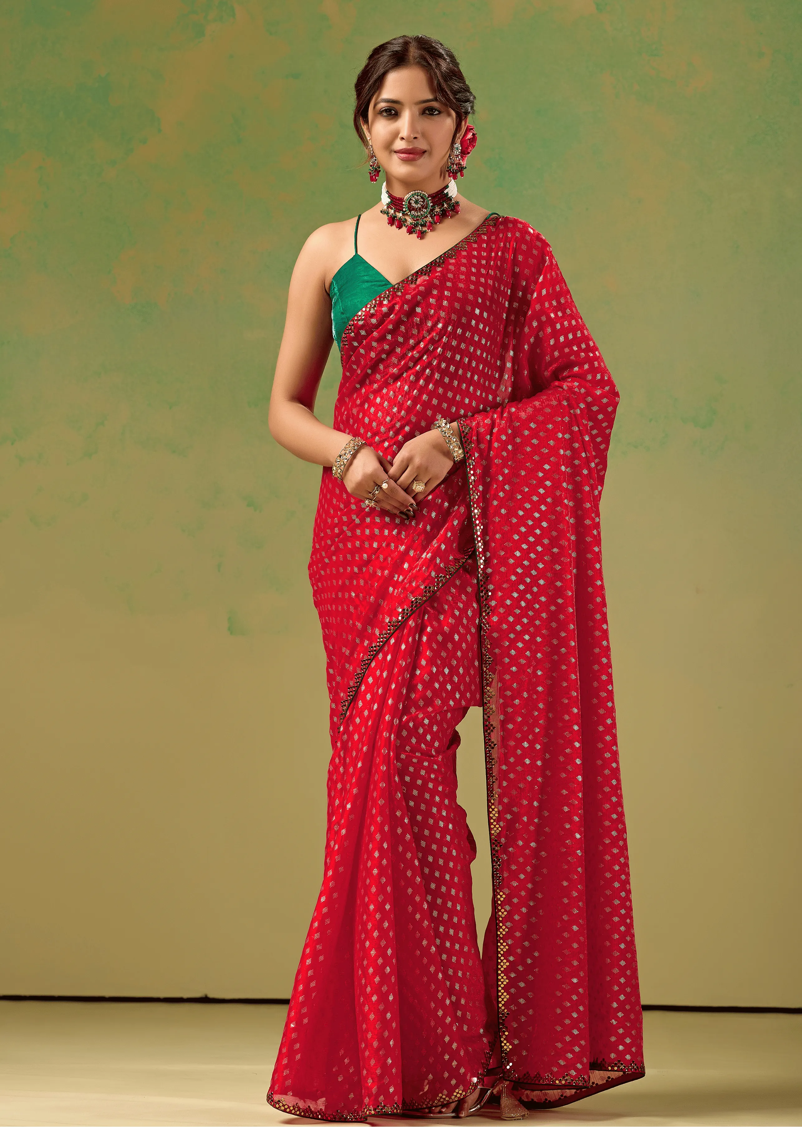 Rani Red Tissue Silk Saree With Foil Butti Work - Front Look | Buy On Ethnic9