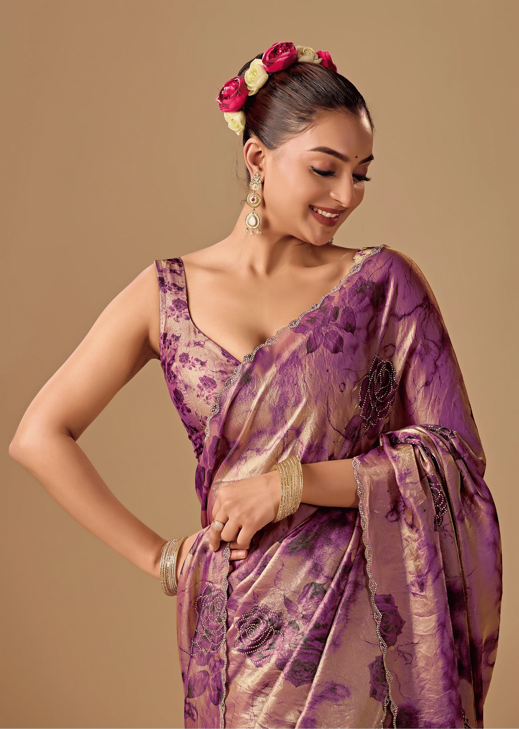 Lavender Organza Silk Saree Draped Look - Traditional Wear Saree