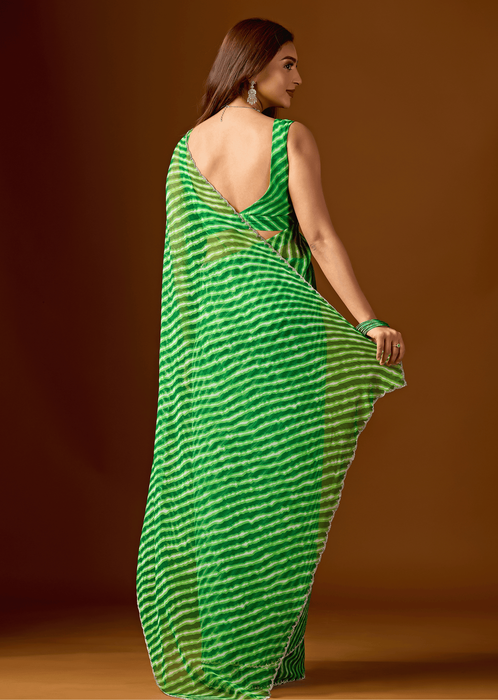 Lime Green Chiffon Saree With Leheriya Print