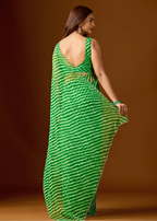 Lime Green Chiffon Saree Back Pose - Leheriya Print Detail