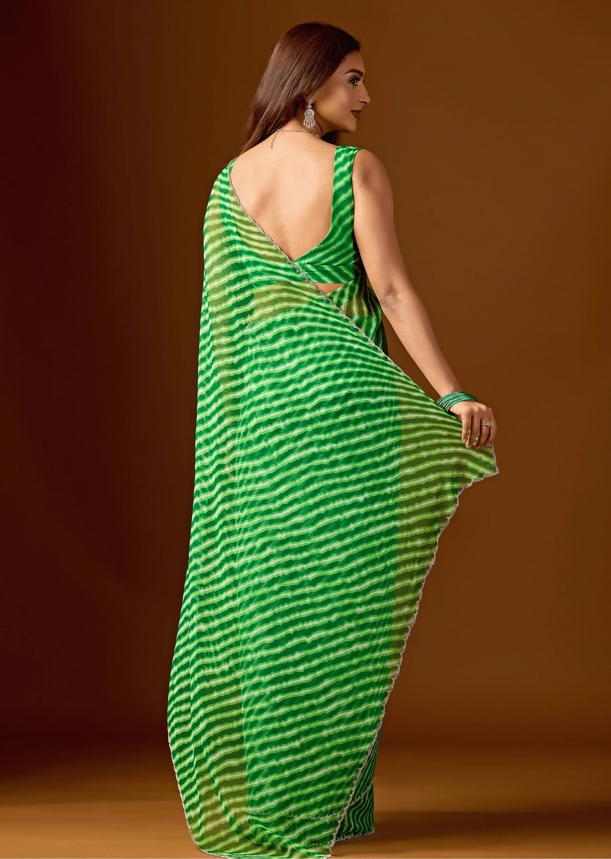 Lime Green Chiffon Saree Back Pose - Leheriya Print Detail