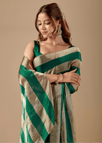Emerald Green Tissue Silk Saree With Metallic Stripe Weave