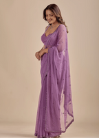 Lavender Chiffon Saree With Floral Embroidery