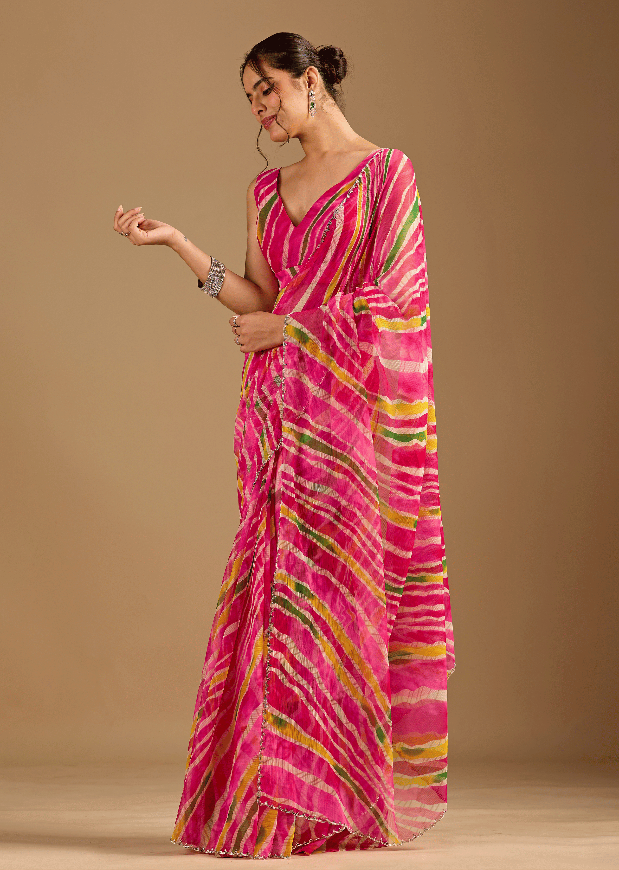 Rani Pink Chiffon Saree With Stone Work
