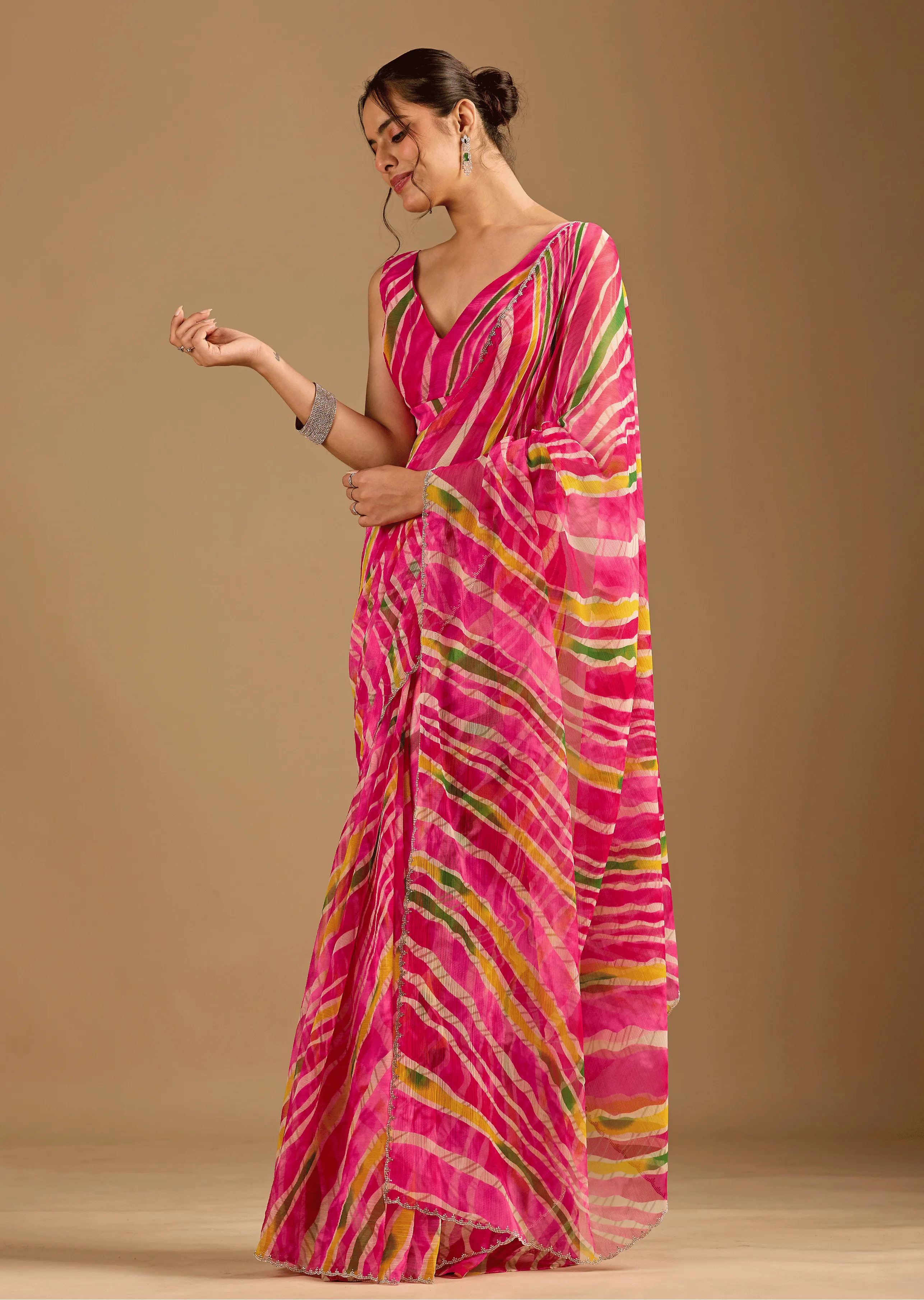 Rani Pink Chiffon Saree Side Pose - Festive Wear Saree