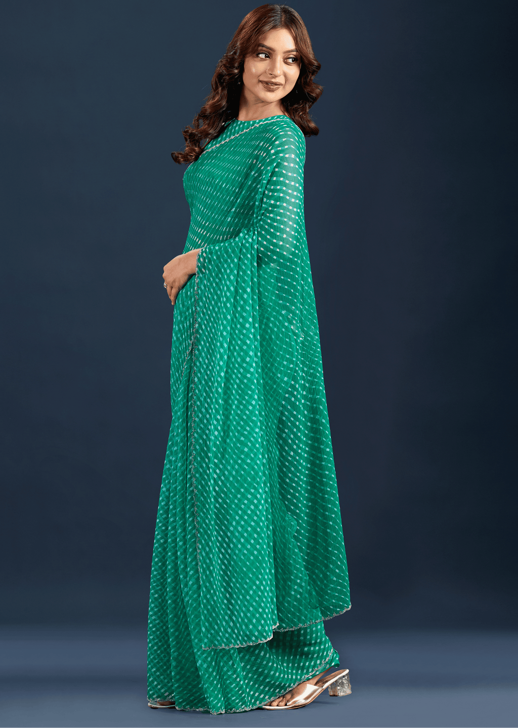 Teal Green Chiffon Saree With Leheriya Print