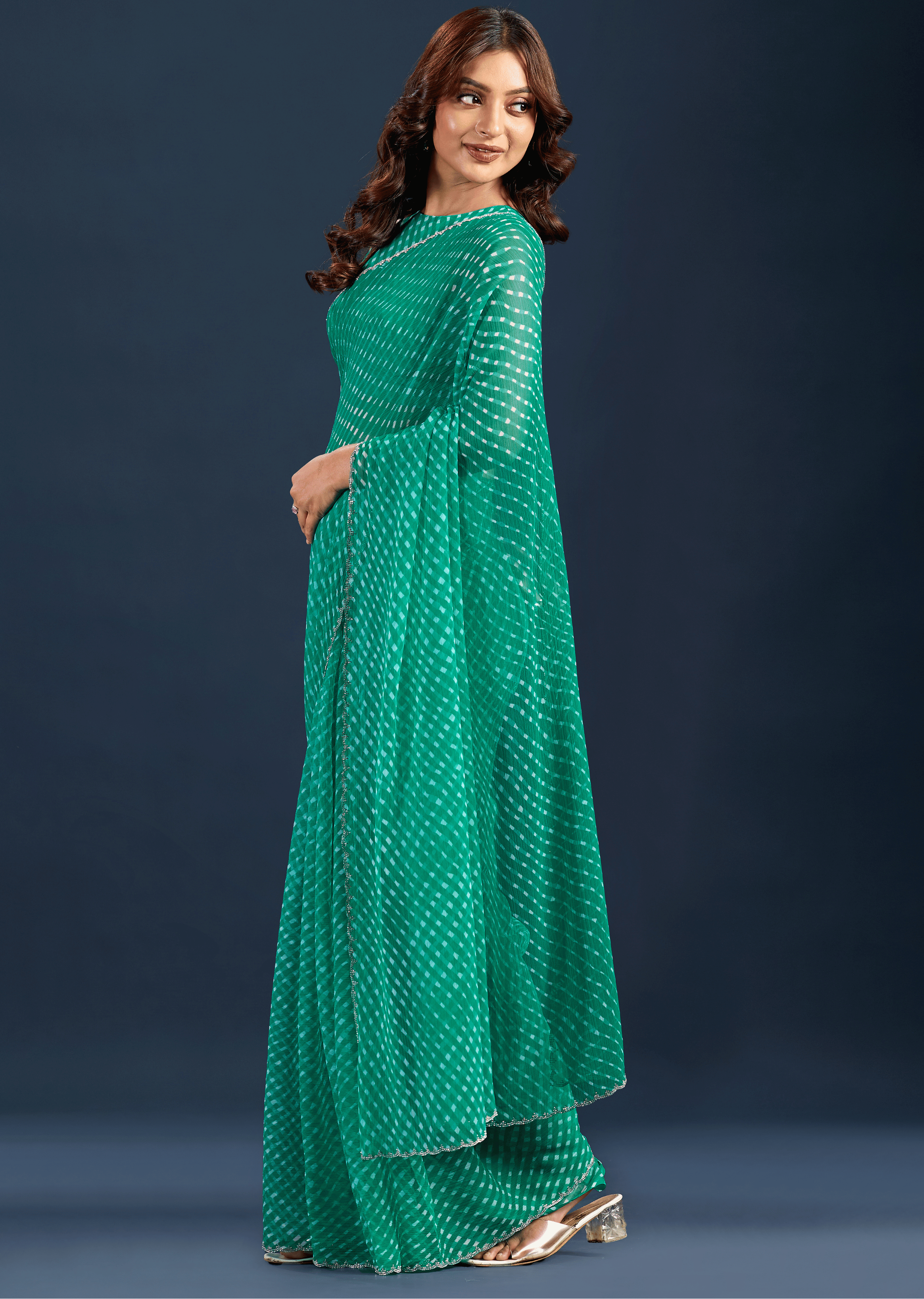 Teal Green Chiffon Saree With Leheriya Print