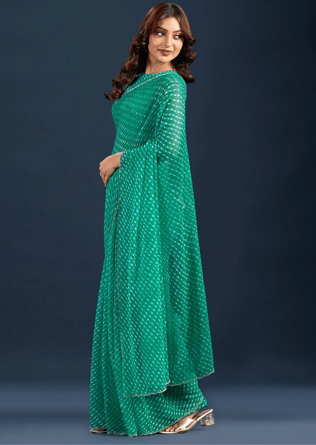  Teal Green Chiffon Saree Pallu Detail - Stone Border Detail