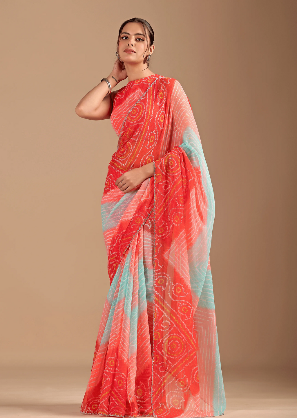  Orange Chiffon Saree With Bandhani Print - Front Look | Buy On Ethnic9