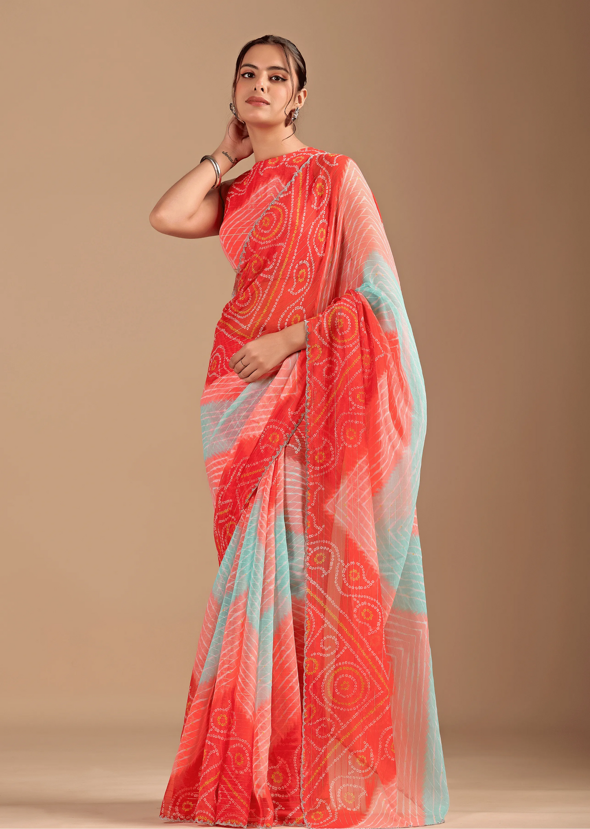  Orange Chiffon Saree With Bandhani Print - Front Look | Buy On Ethnic9