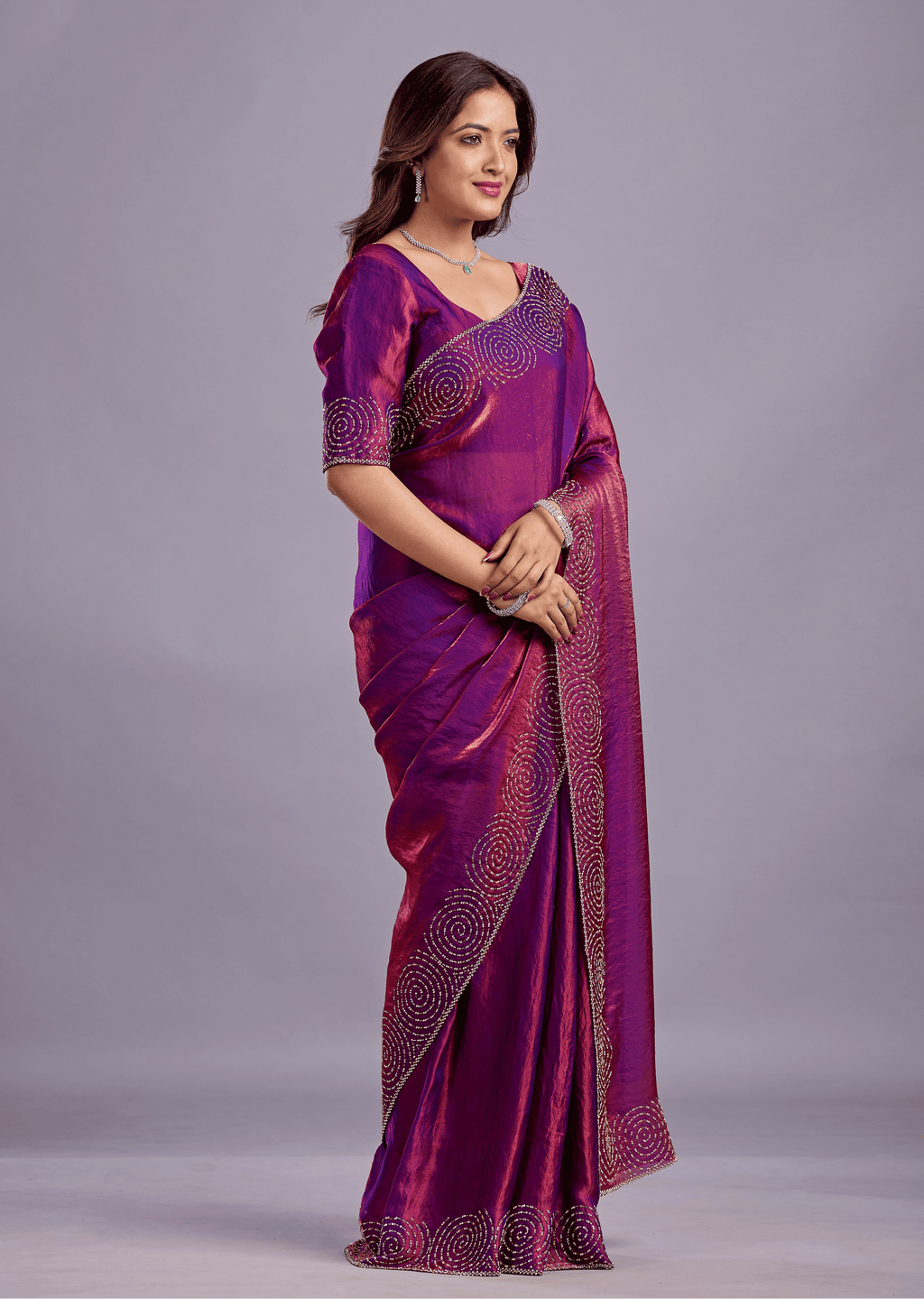 Magenta Tissue Silk Saree With Crystal Spiral Work