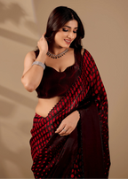 Ruby Red Organza Silk Saree Blouse Close Up - Stone Work Detailing