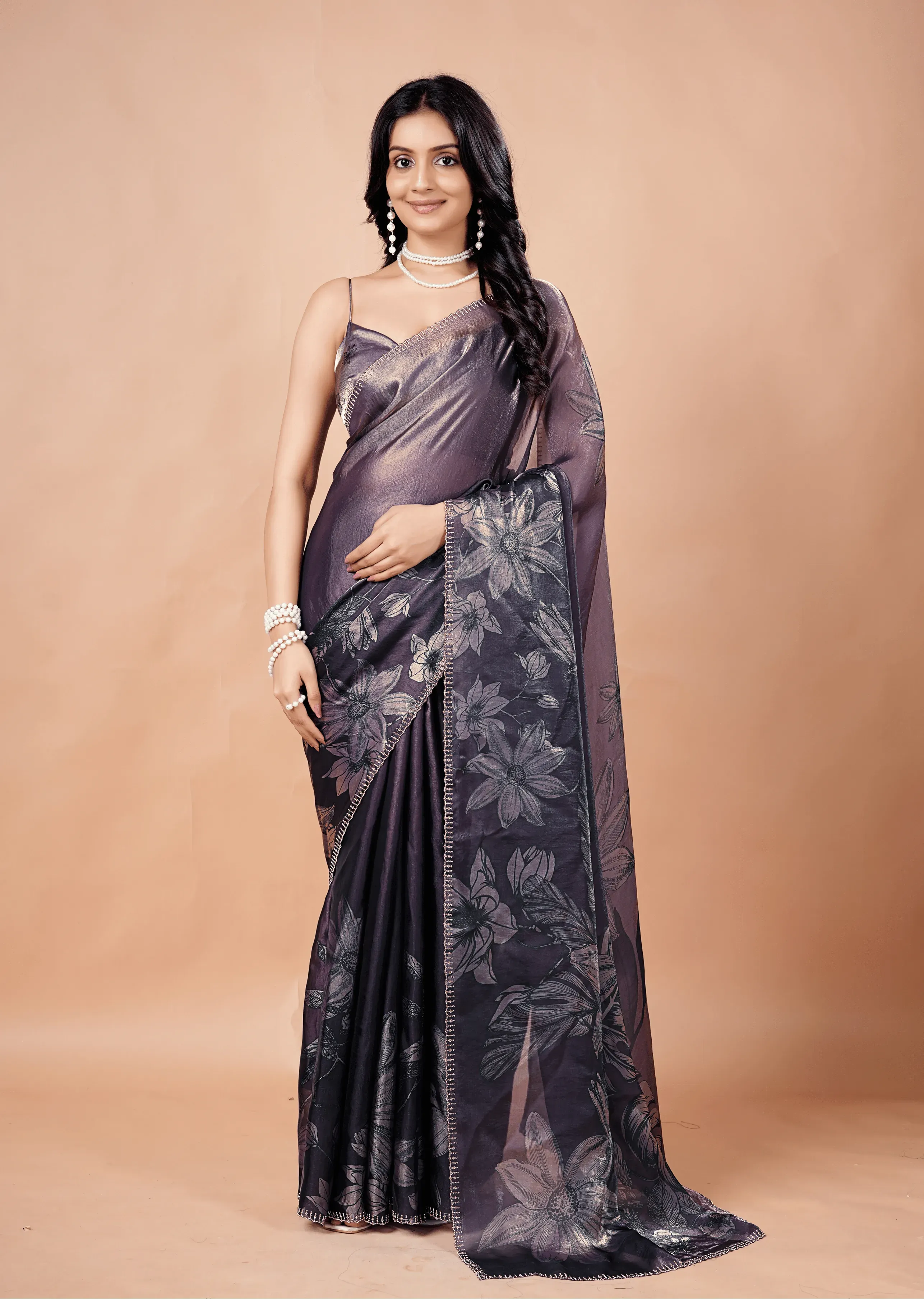 Smoky Purple Organza Silk Saree With Metallic Floral Print