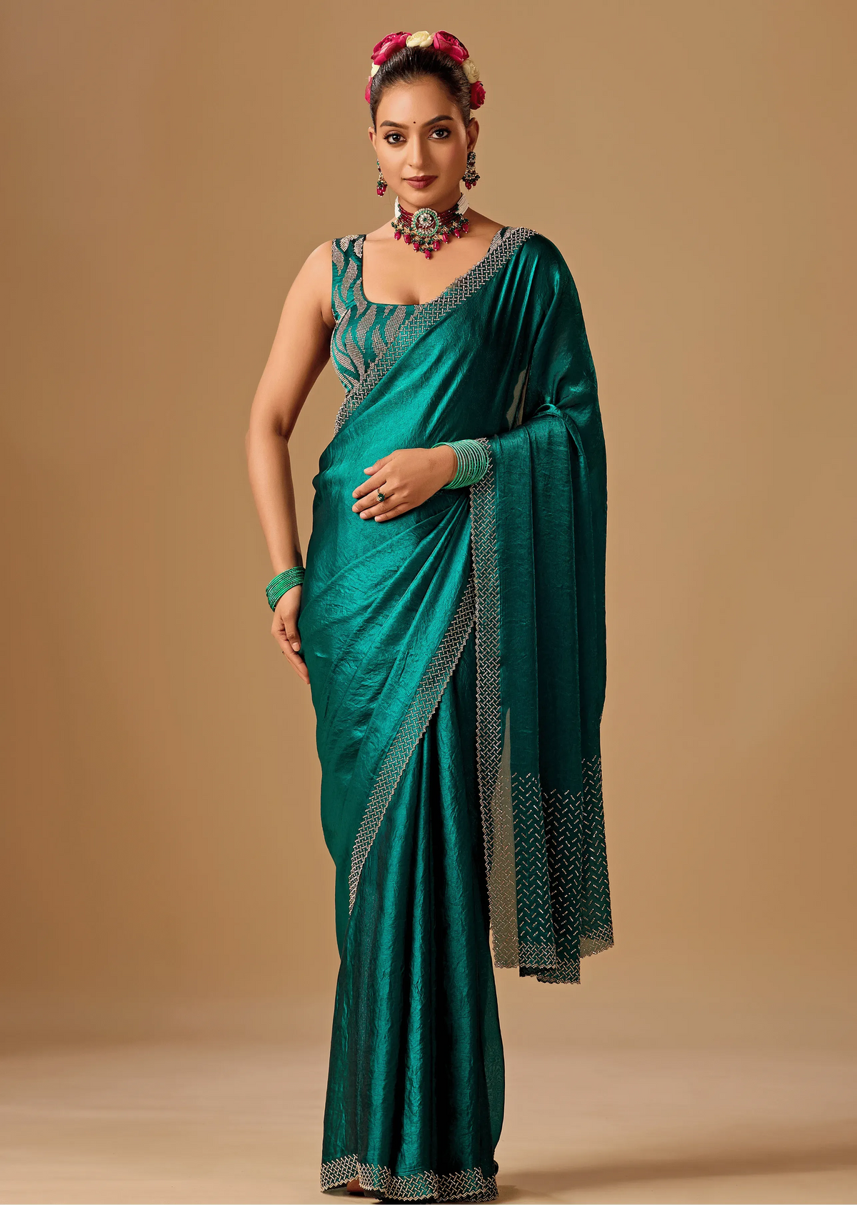 Emerald Green Tissue Silk Saree With Crystal Stone Border