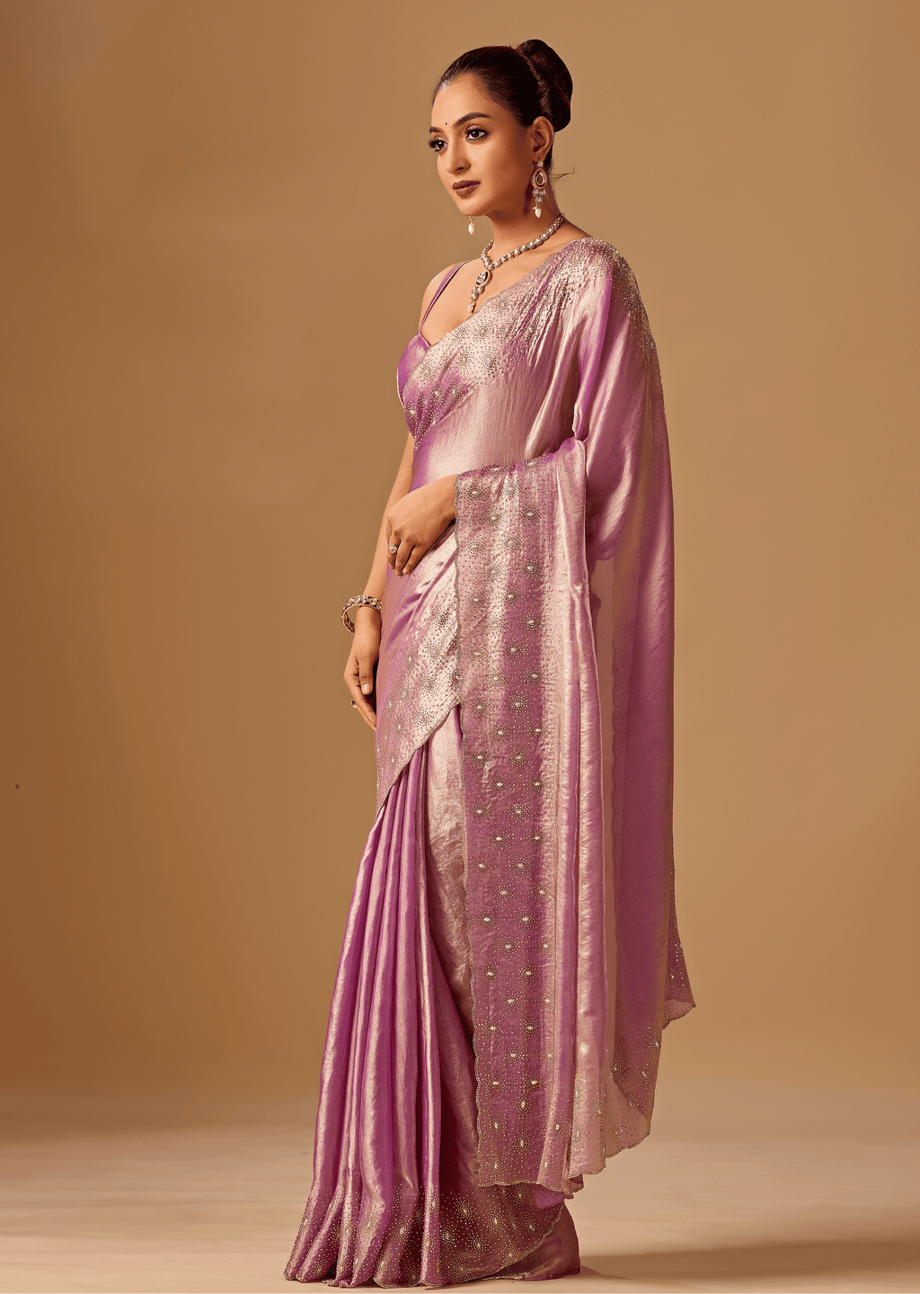 Lavender Tissue Silk Saree With Stone Work