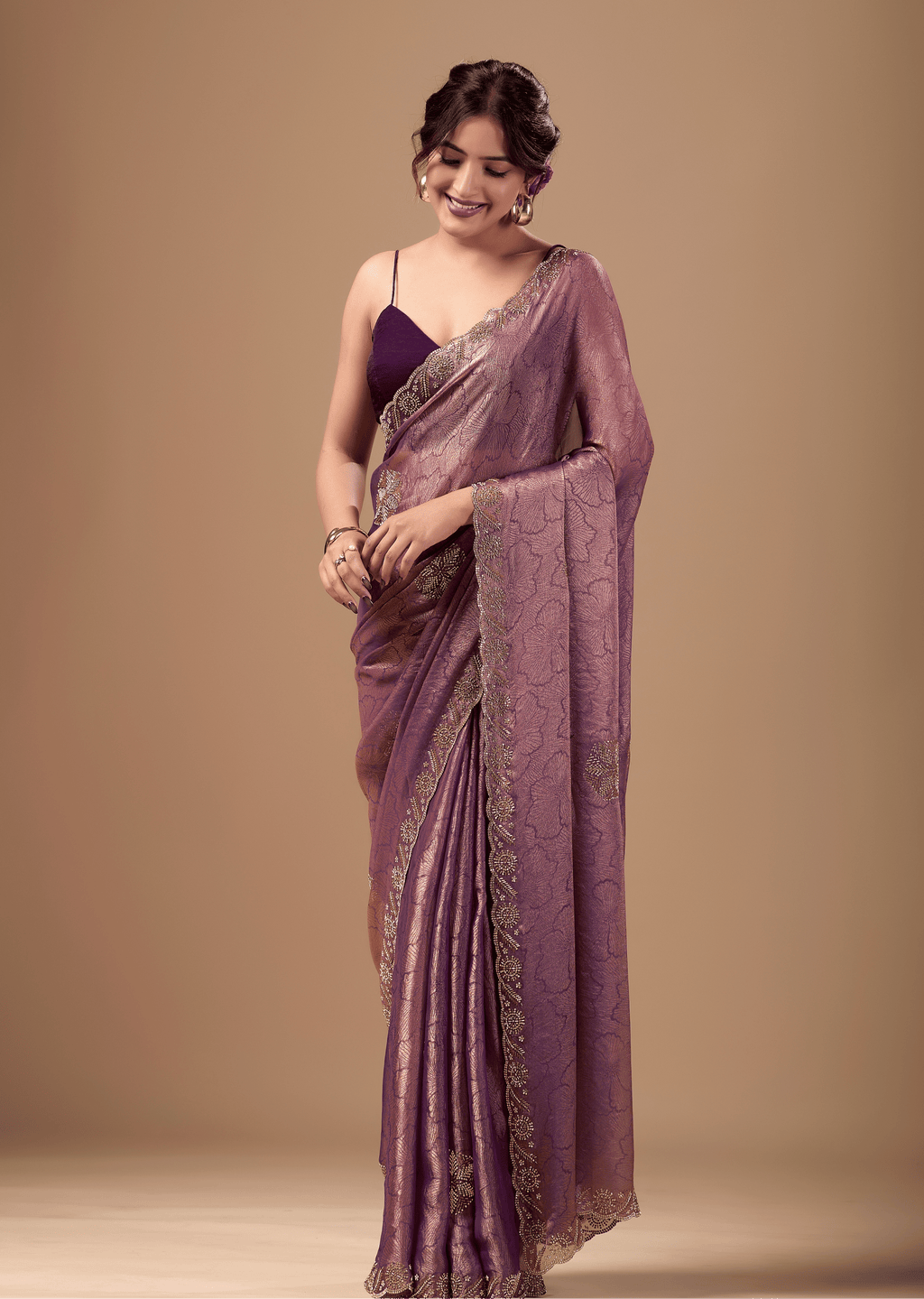 Lavender Mauve Jacquard Saree With Zarkan Stone Border