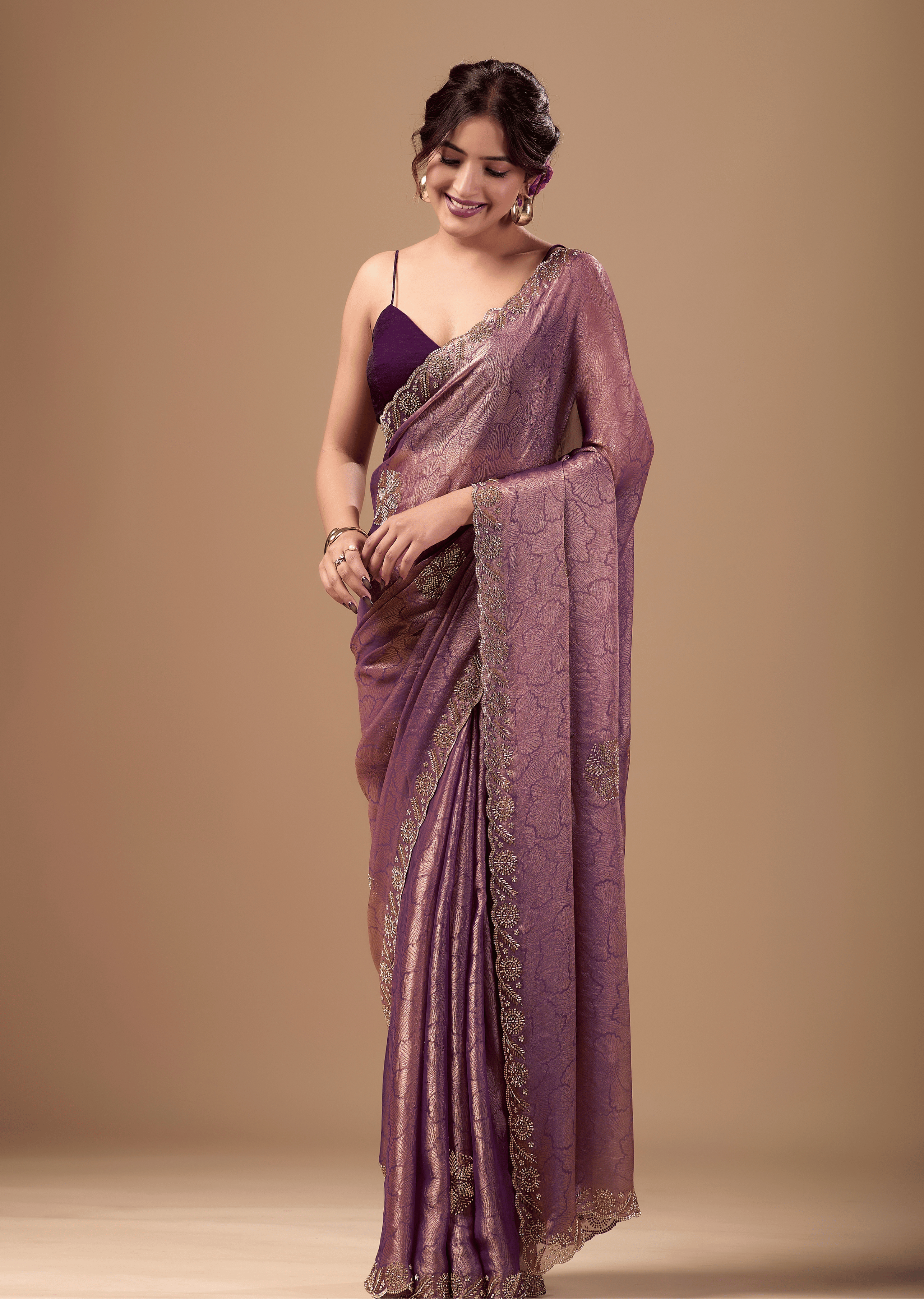 Lavender Mauve Jacquard Saree With Zarkan Stone Border