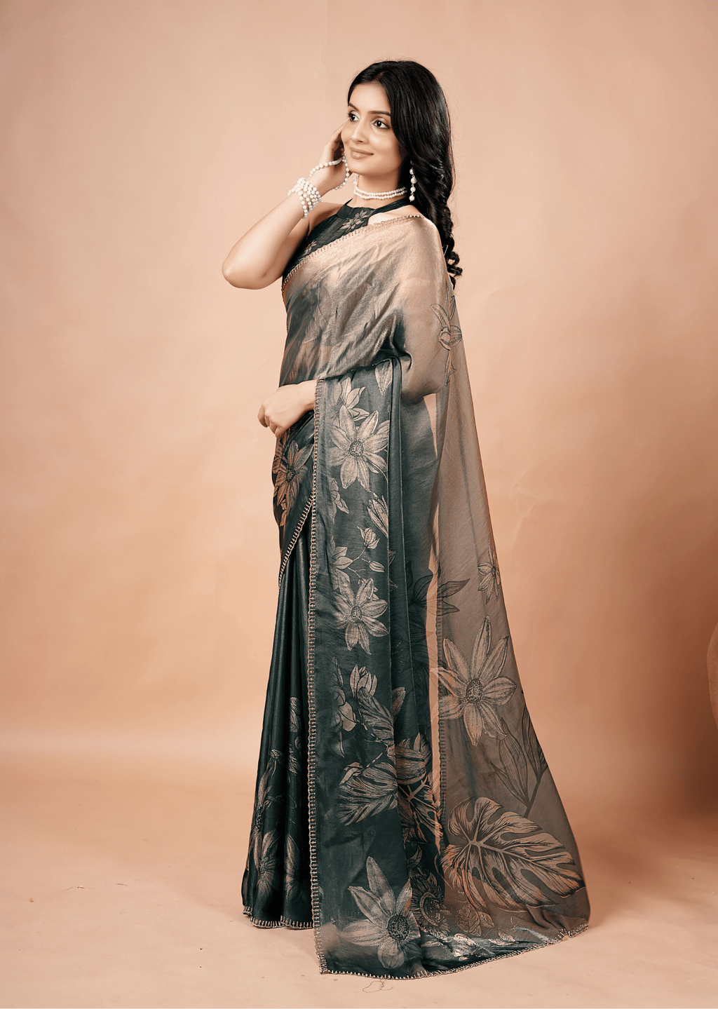Bottle Green Organza Silk Saree With Foil Botanical Print