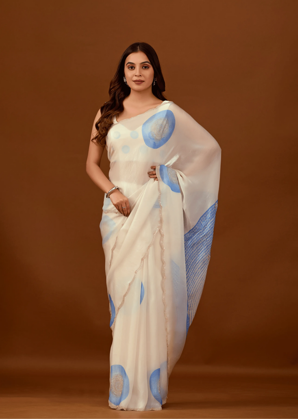 Off White Organza Silk Saree With Foil Print - Front Look | Buy On Ethnic9