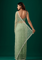 Pista Green Chiffon Saree With Floral Embroidery